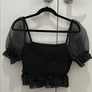 STAUD Cannon Smocked Organza Puff Sleeve Top – Black Size XS